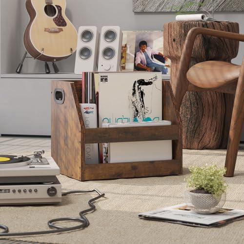 YMYNY Record Storage Holder, Vinyl Album Box Crate with Handle, Book Shelf Desktop Organizer Trapezoidal LP Record for Folders, Books, Photo Albums, Rustic Brown, 14.96 * 11.42 * 11.42" UHCD001H