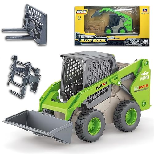 Qcar 3 in 1 Skid Steers Loader Construction Vehicles Toys,1:50 Scale Diecast Site Loader with Metal Forklift and Grab Shovel Set, Toy Trucks for Kids 8,9,10,11,12 Year Old and up(Green)