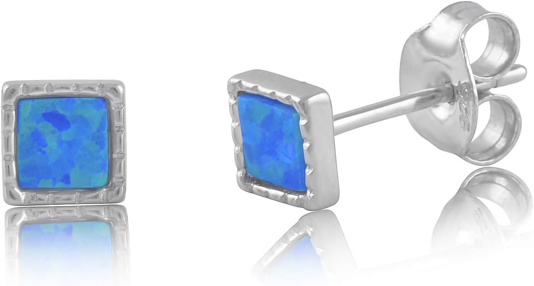 Sterling Silver Blue Created Opal Small Square Stud Earrings - 8mm