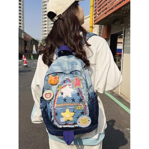 Y2K Denim Backpack with Plushies and Patches Cute Preppy Blue Denim Backpack for Women 14 Laptop Compatible Multi-Sport Star Theme3