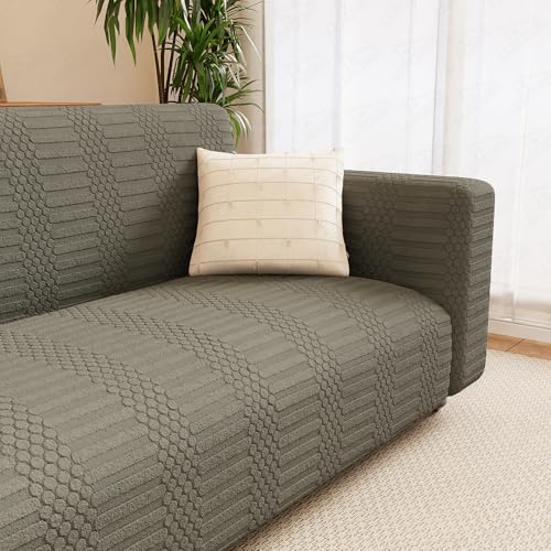 Image of Lukzer 1 Seater Pastel Dark Grey Dotted Stripe Pattern Sofa Cover | 240 GSM Universal Stretch Fit Jacquard Fabric Couch Protector | Fully Covered Anti Slip & Washable Sofa Cover (90-140cm /SC-133-01)