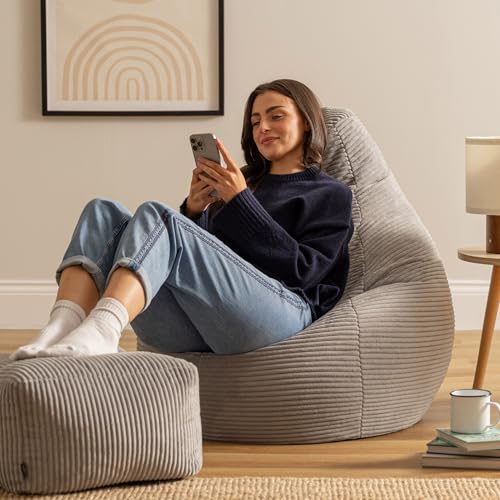 Icon Dalton Sitzsack mit Hocker Cord, Grau, Gaming Sitzsack Erwachsene mit Füllung, Bean Bag, Cord Sessel, Lounge Sessel, Lounge Stuhl, Schlafzimmer, Wohnzimmer, Wohnzimmer Möbel