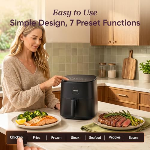 COSORI Air Fryer 5 QT (4.7 Litre) Black, 1500W Fast Cooking 9 Preset Menu, 30 Recipes Cookbook, Grill, Broil, Roast, Toast, Bake, Reheat, Defrost, Digital Touch Panel (CAF-L501) view 2