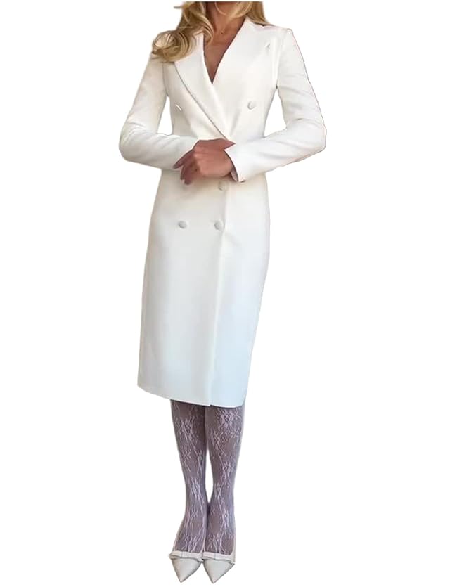 Womens Dress Blazer Long Coat Double Breasted Outfit Jacket for Wedding Formal Party