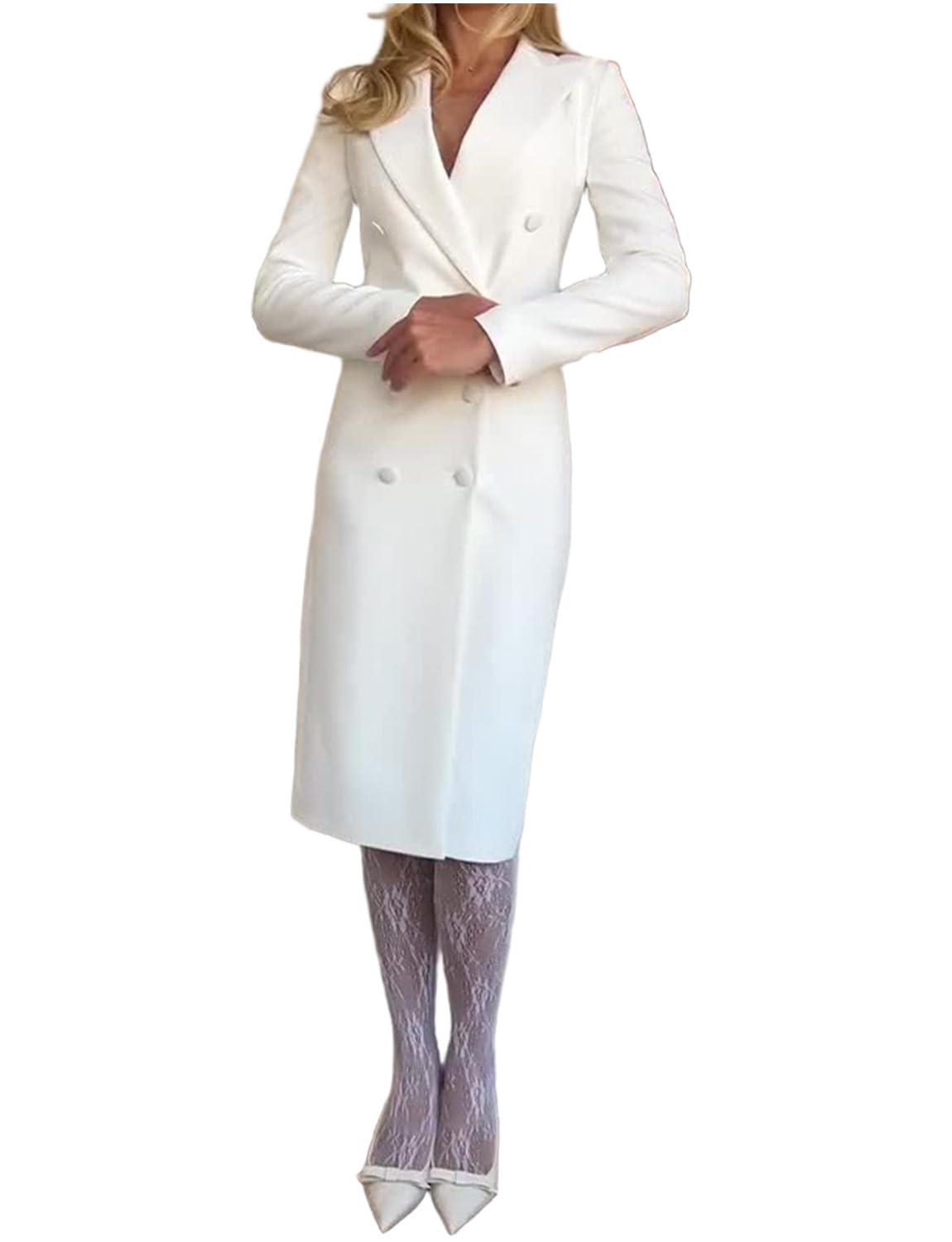 Womens Dress Blazer Long Coat Double Breasted Outfit Jacket for Wedding Formal Party
