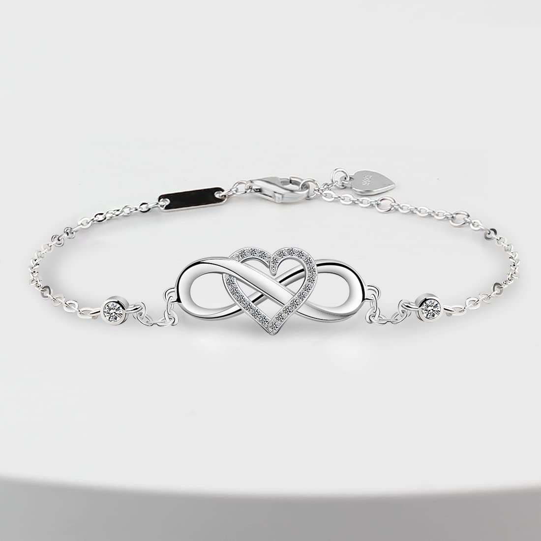Pulsera infinito para mujer de plata de ley 925 con circonita de cristal y símbolo de corazón de amor sin fin ajustable