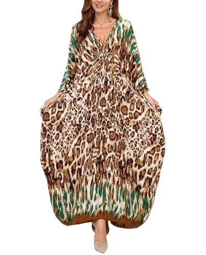 Image of IMAGEKOPE Women's Plus Size Animal Print V-Neck Batwing Kaftan Beach Dress Bathing Suit Cover-Up Loungewear
