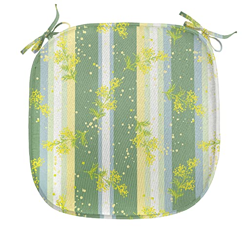 Ambesonne Striped Chair Seating Cushion, Mimosa Spring Flower Leaves on Striped Back March Blossoms Feminine Design Art, Anti-slip Seat Padding for Kitchen & Patio, 16