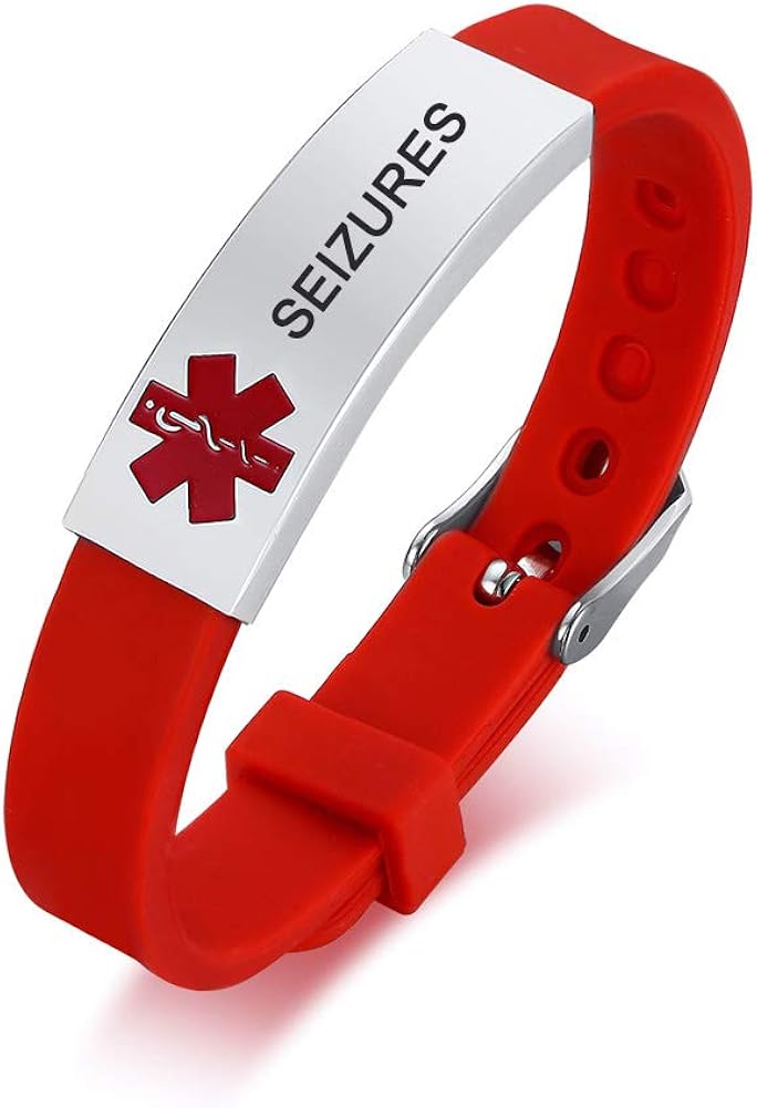 SEIZURES-Stainless Steel & Pink Silicone Belt Buckle Adjustable Medical Alert ID Bracelets for Women Girl Teens: Clothing, Shoes & Jewelry
