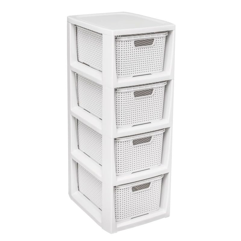 4 Tier Plastic Drawers With Handles storage unit Organizer ideal for Bedroom, Kitchen, Garage, stationary, tools, clothes, toys etc. (White)