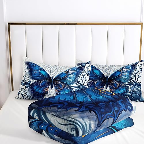 Image of AILONEN Beautiful Blue Butterfly Comforter Set Twin Size, Vintage Blue Flower Bedding Set for Kids Girls,Fly Butterflies Bed in a Bag All Season 3Pcs(1 Comforter + 2 Pillowcases)
