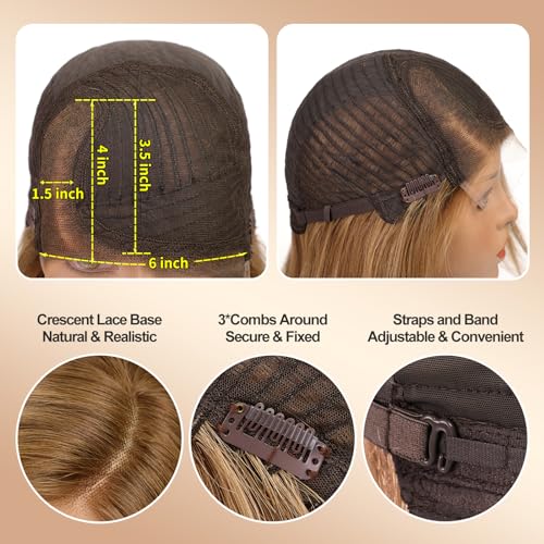 Image of KKU 18 Inch Brown and Gold Ombre Human Hair Wigs for Women,Human Hair Wigs With Bangs,Lace Front Wigs Human Hair