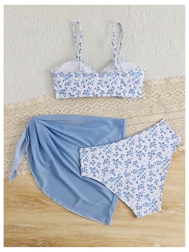 SHENHE Girl's Floral Swimsuits 3 Piece Bathing Suits O Ring Bikini Set with Sarong Coverups2