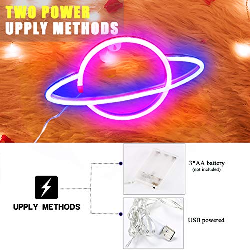 XIYUNTE Planet Neon Light Pink/Blue Neon Sign Signs Wall Decor, Battery or USB Operated Planet Neon Lights LED Planet Neon Signs Light up for Home,Kids Room,Bar,Festive Party,Christmas,Wedding