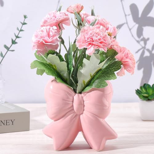 CREATCABIN Vase Rose Nœud Vase Céramique Coquette Organiseur Pinceaux Maquillage Rose Porte Stylo Décoratif Style Contemporain pour Fleurs Table Maison Bureau Mariage Salon Anniversaire Fête des Mères