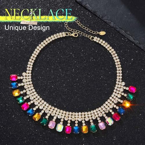 Ushiny Strass Choker Halskette Schmuck Bunte Kristallkette Multicolor Rave Hals Zubehör für Frauen