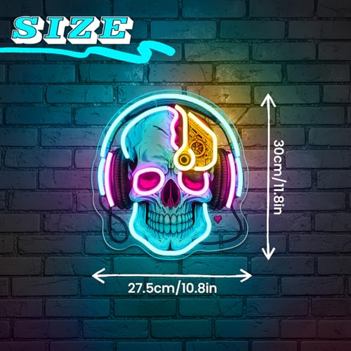 Image of Skull Neon Sign with Headphones,LED Gaming Neon Light,Dimmable USB Powered Neon Wall Sign for Gamer Room, Bedroom, Man Cave, Cool Aesthetic Neon Sign