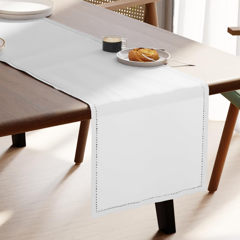 Encasa XO Dining Table Runner | Pure Cotton Hemstitched Design | 32x230 cm | White - Machine Washable