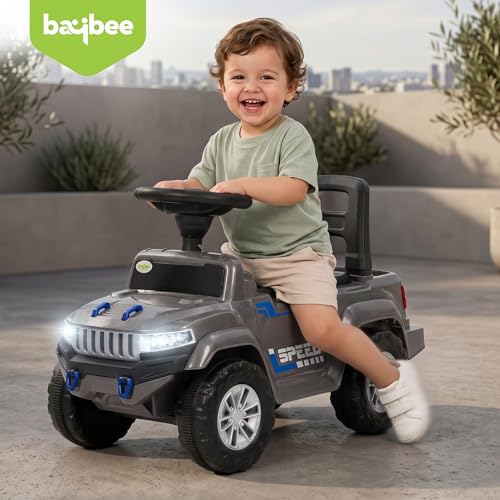 Image of Baybee Speedy Baby Ride on Car for Kids | Portable Kids Car with LED Lights, Music & Storage Basket | Push Toy Cars with High Backrest | Toddler Rideons Jeep for 1 to 3 Years Boys Girls (Grey)