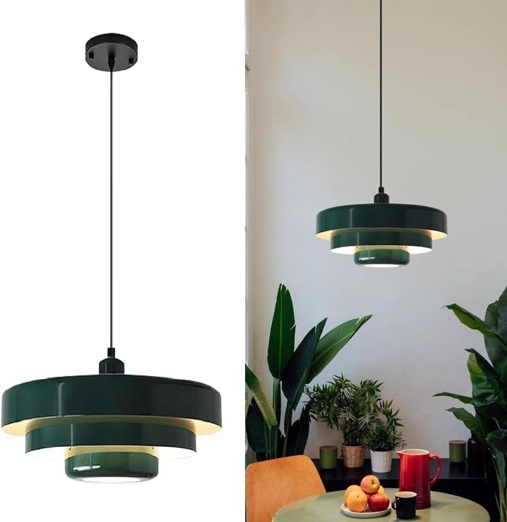 Mid Century Pendant Light 3-Layer Metal Shade Design, 14'' Nordic Ceiling Pendant Lamp Chandelier, Vintage Hanging Light Flush Wall Mount Light for Kitchen Island, Living Room, Hallway (Green)