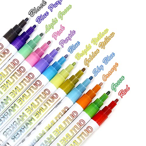 Outline Markers Set 12 Color Art Paint Markers Double Line Marker Super Squiggles Markers 2Mm Paint Permanent Glitter Markers For Coloring,Drawing,Greeting Card,Posters,Art And Craft Painting Supplies #TOP3
