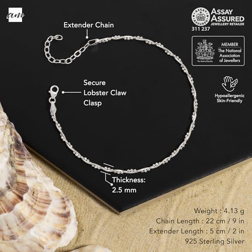 Image of Amberta Italian Sterling Silver Anklet for Women 925 | Adjustable Ankle Bracelets for Women Beaded Heart Summer Jewellery