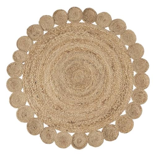 LOLAhome - Alfombra Redonda de Yute Natural Trenzado de 120 cm. Acabado con Borde de círculos. Estilo Artesanal Atemporal y Acogedor para salón o Entrada. Fibra Resistente