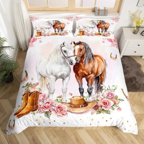 Homewish Housse de Couette 200x200 Fille Cheval Occidentale - Parure de Lit Ado Fleur Chapeau de Cowgirl - Sets de Housses de Couettes Fer À Cheval du Far...