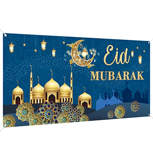 Eid Mubarak Dekorationen, 200 x 110 cm, großer Stoff, muslimisches Ramadan-Kareem-Banner, Ramadan-Mubarak-Schild, Fotoautomaten, Blau, goldfarben, Hintergrund für muslimische Partyzubehör Cover