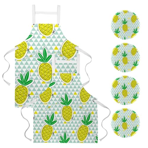 Lot de 2 tabliers de cuisine avec 4 broches motif ananas tropical