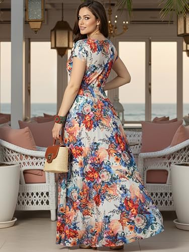 Image of KOH KOH Womens Short Cap Sleeve Summer Floral Print Long Casual Maxi Dress