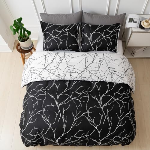 Image of Lekesky Reversible Duvet Cover King Size, Black White Branch Comforter Cover King 3pcs Microfiber Botanical Bedding Set with Zipper Closure Corner Ties