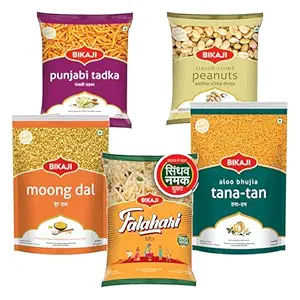 Bikaji Snacks Combo – SALTED PEANUT & TANA-TAN (Aloo Bhujia) & FALHARI MIX & Moong Dal & PUNJABI TADKA | 5 Pack Variety | Bar Snacks, Party Mix & Tea-Time Treats – 1000g
