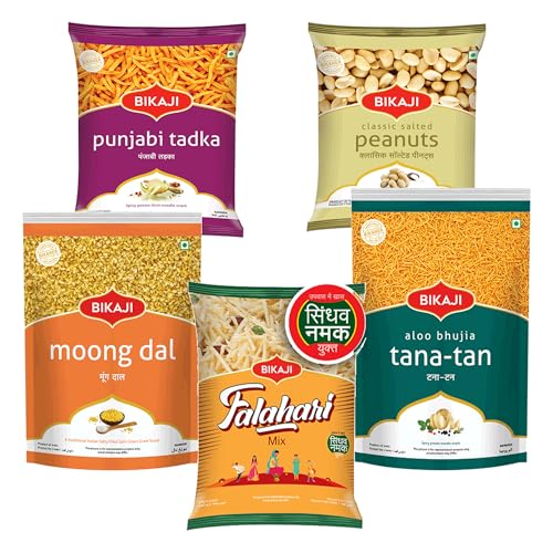 Bikaji Snacks Combo – SALTED PEANUT & TANA-TAN (Aloo Bhujia) & FALHARI MIX & Moong Dal & PUNJABI TADKA | 5 Pack Variety | Bar Snacks, Party Mix & Tea-Time Treats – 1000g