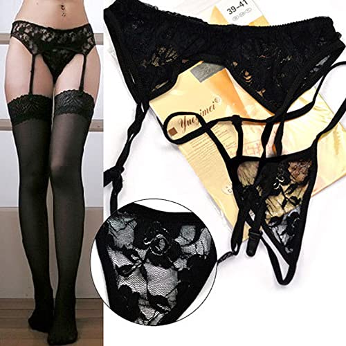 TOEECY-Ligueros-Mujer-Sexy-Encaje-con-Medias-Tanga-4-Ligas-Ajustables-Lenceria-Erotica-Ropa-Interior-Liga-Negro