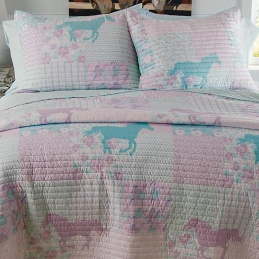 Rods Cowgirl Princess Pony Patchwork 6-Piece Twin Bed in a Bag Set Western Horse Quilt Bedding with Sham, Bedskirt, Sheets & Pillowcase Purple, Turquoise & Pink