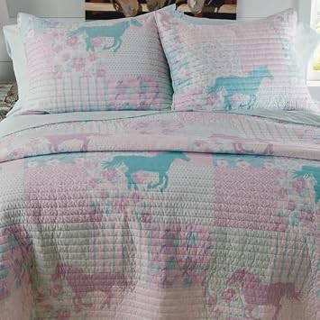 Rods Cowgirl Princess Pony Patchwork 6-Piece Twin Bed in a Bag Set Western Horse Quilt Bedding with Sham, Bedskirt, Sheets & Pillowcase Purple, Turquoise & Pink