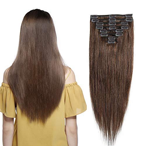 Medium Brown 100% Remy Human Hair Extensions Clip in #4 20" / 20 inch Grade 7A Quality Full Head 8pcs 18clips Long Soft Silky Straight for Women Fashion 105g