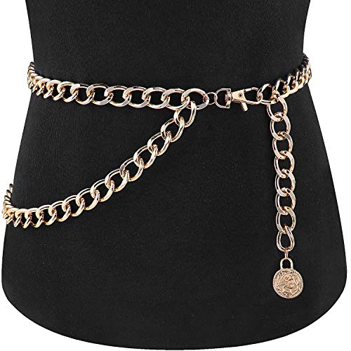 Glamorstar Double Layered Chain Belts For Women Cuban Chunky Metal Waist Belt Punk Gorgeous Body Chain Gold Plus Size 130Cm/51.2In #TOP3
