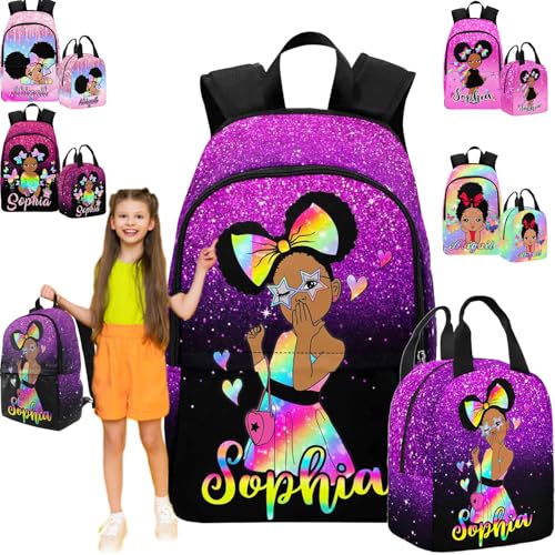 GIGIMISO Personalized Girl's Backpack with Name, Custom Princess Purple Backpacks Customized Shoulder Schoolbags for Granddaughter, Bookbags with Lunch Box Set
