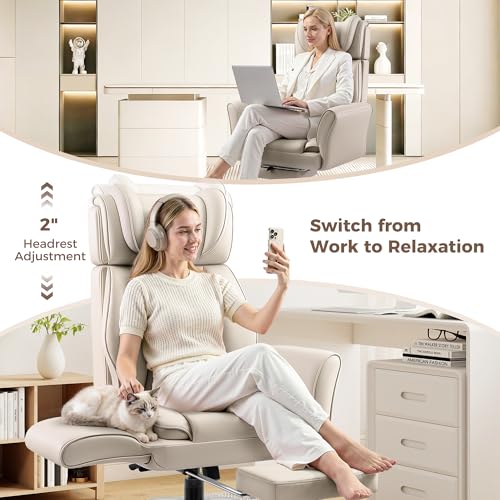 Image of Big and Tall Office Chair, Flip Armrests for Pets & Cross Legged Sitting, Ergonomic Leather Executive Desk Chair with Foot Rest, High-Back Reclining Computer Chairs for Home Office Gaming, Beige