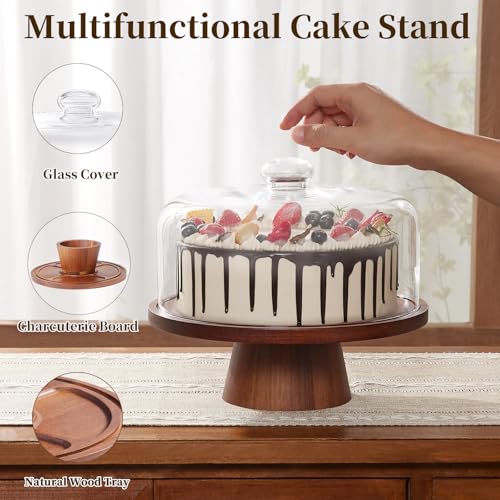 Wooden Cake Stand with Lid, Acacia Cake Stand with Glass Dome, 11-Inch Versatile Dessert Stand with Strong Magnetic Pedestal, Cake Holder for Birthday/Kitchen/Party/Charcuterie - Image 5