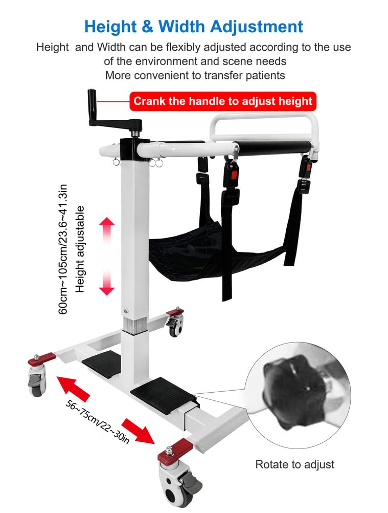 Grúa Manual para Pacientes, Sistema de Transferencia Corporal para Personas Mayores y con Discapacidad, Transferencias a Silla de Ruedas, Cama o Baño, Altura y Anchura Ajustables