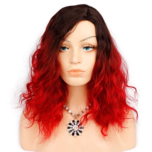 Short Curly Bob Wig Ombre Red Synthetic Wigs Shoulder Length Red Wavy Wig for Women Cosplay Daily Party Wigs 14 inch (1b/ Red,Side Part)