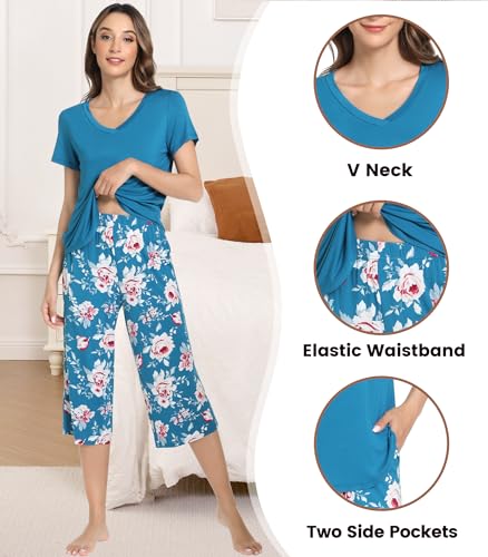 Image of NACHILA Bamboo Viscose Pajamas for Women Lace V Neck Capri Pants Pjs Set