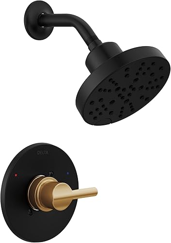 Delta Faucet Nicoli Serie 14 - Grifo de ducha de un solo mango, kit de molduras de ducha con cabezal de ducha H2Okinetic de 5 pulverizaciones, negro