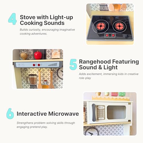 Wooden Play Kitchen for Kids with Working Sink & Faucet Toy – Montessori Sensory Pretend Playset for Toddlers 3-5 – Interactive Kids Kitchen Playset with Lights & Sounds - Image 7