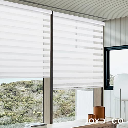 Joydeco Cordless Zebra Blinds for Windows, Dual Layer Free-Stop Zebra Shades Privacy Light Control for Day and Night, Light Filtering Sheer Blinds for Indoor Windows (Off-White, 28" W x 75" H)
