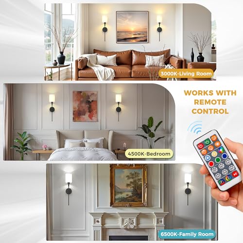Image of DORESshop Battery Operated Wall Sconce Set of 2, Wireless Wall Light Easy to Install, 7 Color Rechargeable Wall Sconces, Sconce Wall Decor Set of 2 for Bedroom, Living Room, Black, 24.3in