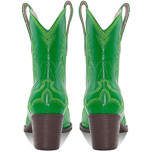 Image of HOCHFART Women's Western Ankle Cowboy Boots Chunky Pointed Toe Wide Calf | Metallic PU-Leather, Embroidered, Pull-On, Concert, Festival, Rodeos, Party, Daily Wear, All-Day Comfort